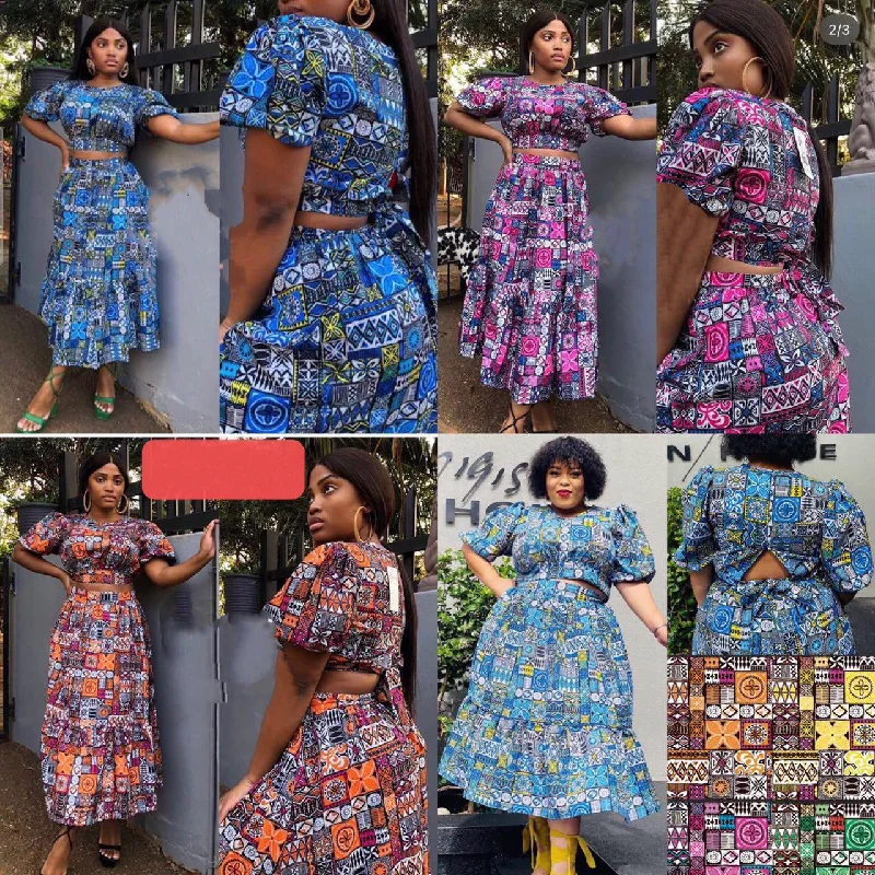 African Printed Short Sleeve Top & Skirt Set linen skirt light