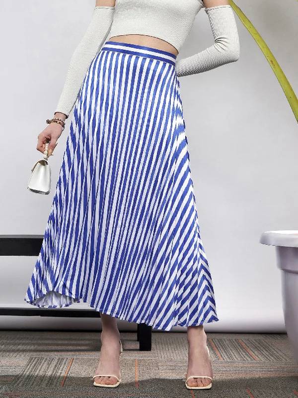 Women Blue & White Satin Striped Accordion Pleated Maxi Skirt wool skirt sturdy