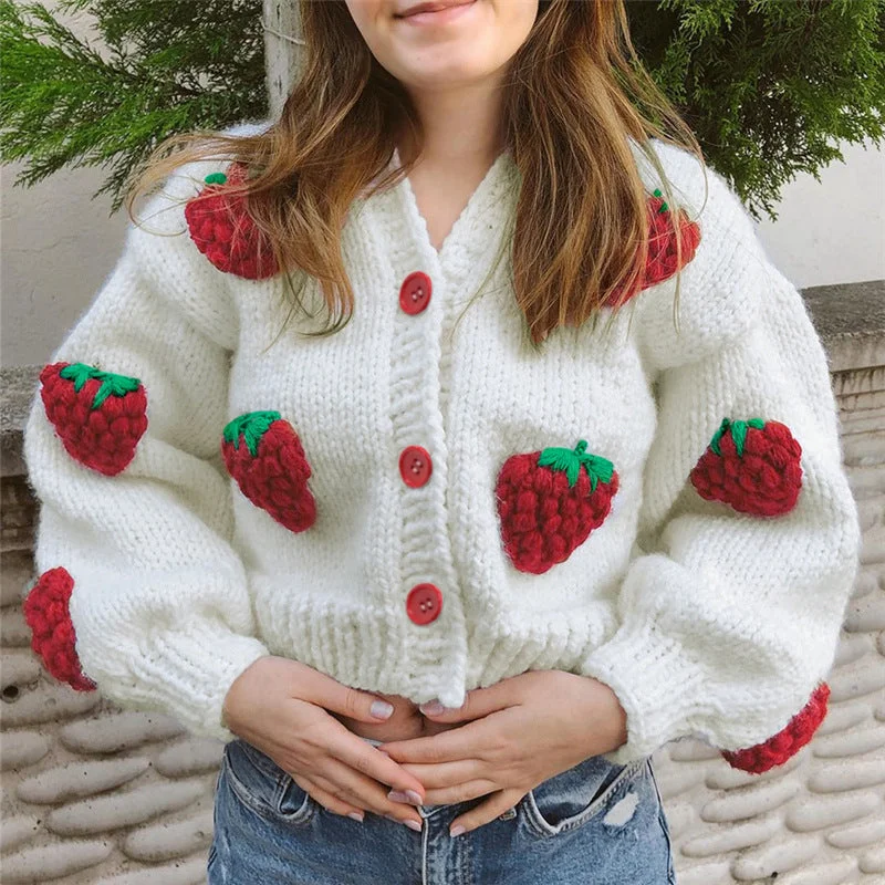 Sweet Strawberry V-neck Cardigan: Cozy Elegance Oversized Loose Flowy
