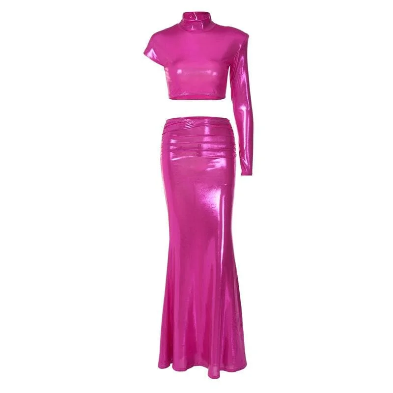 BerryBetty - High neck irregular padded metallic maxi skirt set denim skirt durable