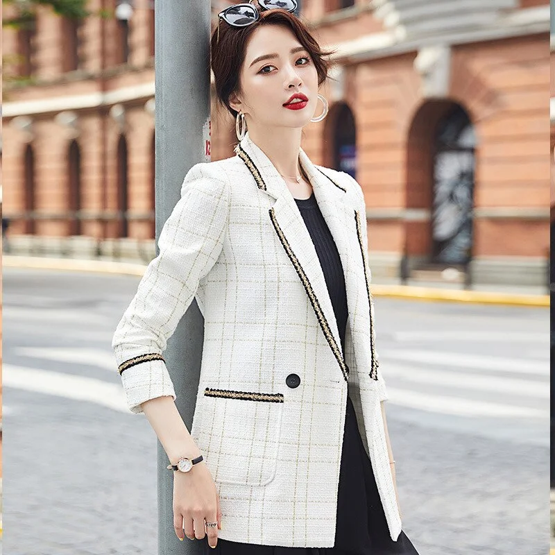 Casual Office Suit Jacket 2022 Autumn and Winter Check Double-breasted Ladies Blazer Elegant Top Notch Collar Jacket Peter Pan Collar Jacket Cowl Neck Jacket