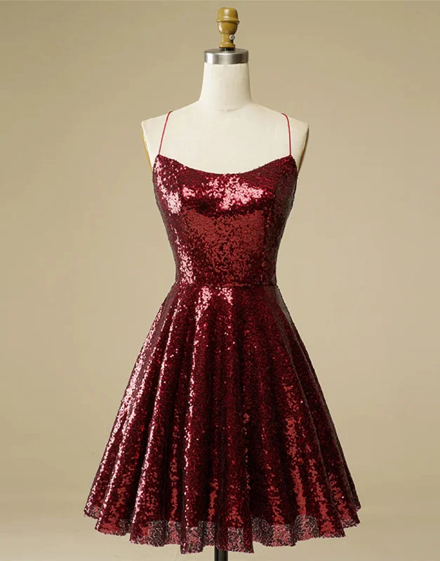 A-Line Burgundy Sequin Straps Backless Homecoming Wedding Party Dress Tunics Bridal satin