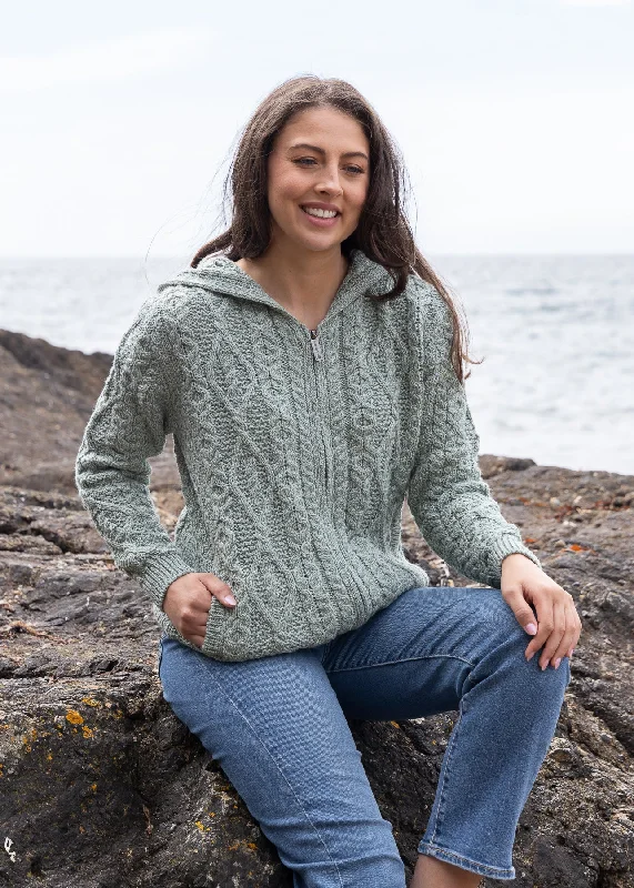 IrelandsEye Women's Aran Hooded Cardigan | Sage Marl Zippered Buttoned Snapped