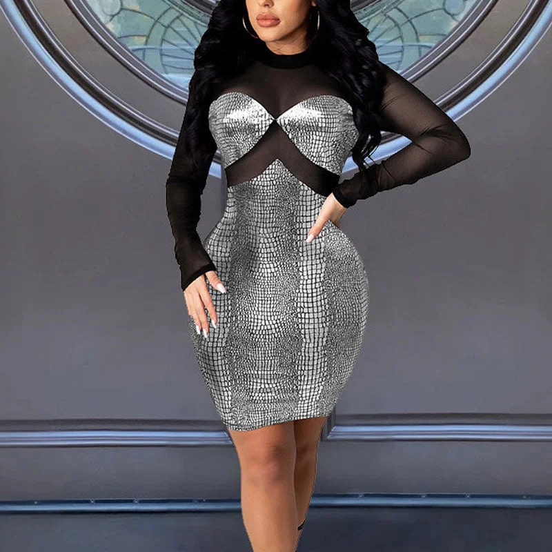Cinessd Sequins Sheer Mesh Patchwork Long Sleeve Party Dress Tunics Mesh breathable