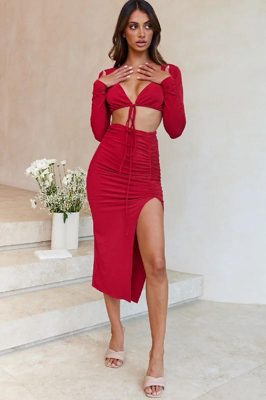 Manhattan Nights Ruched Detail Front Split Midi Skirt Wine high waist skirt
