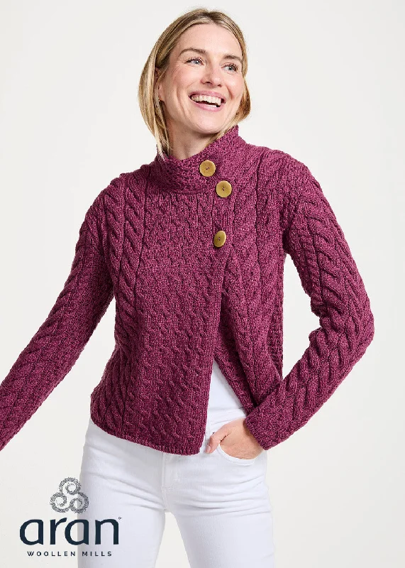 Aran 3 Buttons Trellis Cardigan | Raspberry Polka Dot Checkered Tartan