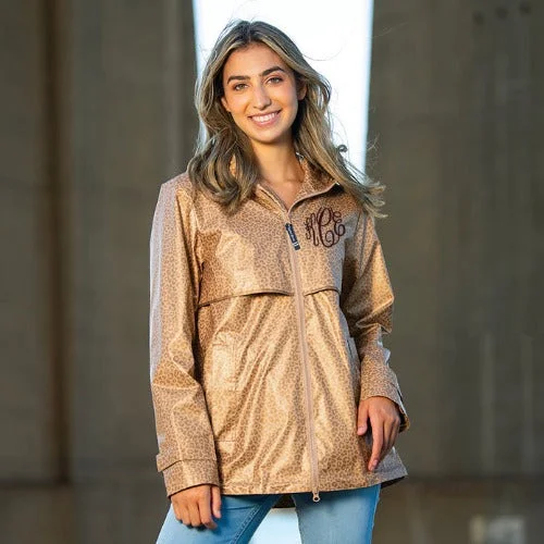 Leopard Print Rain Jacket with Monogram Notch Collar Jacket Peter Pan Collar Jacket Cowl Neck Jacket