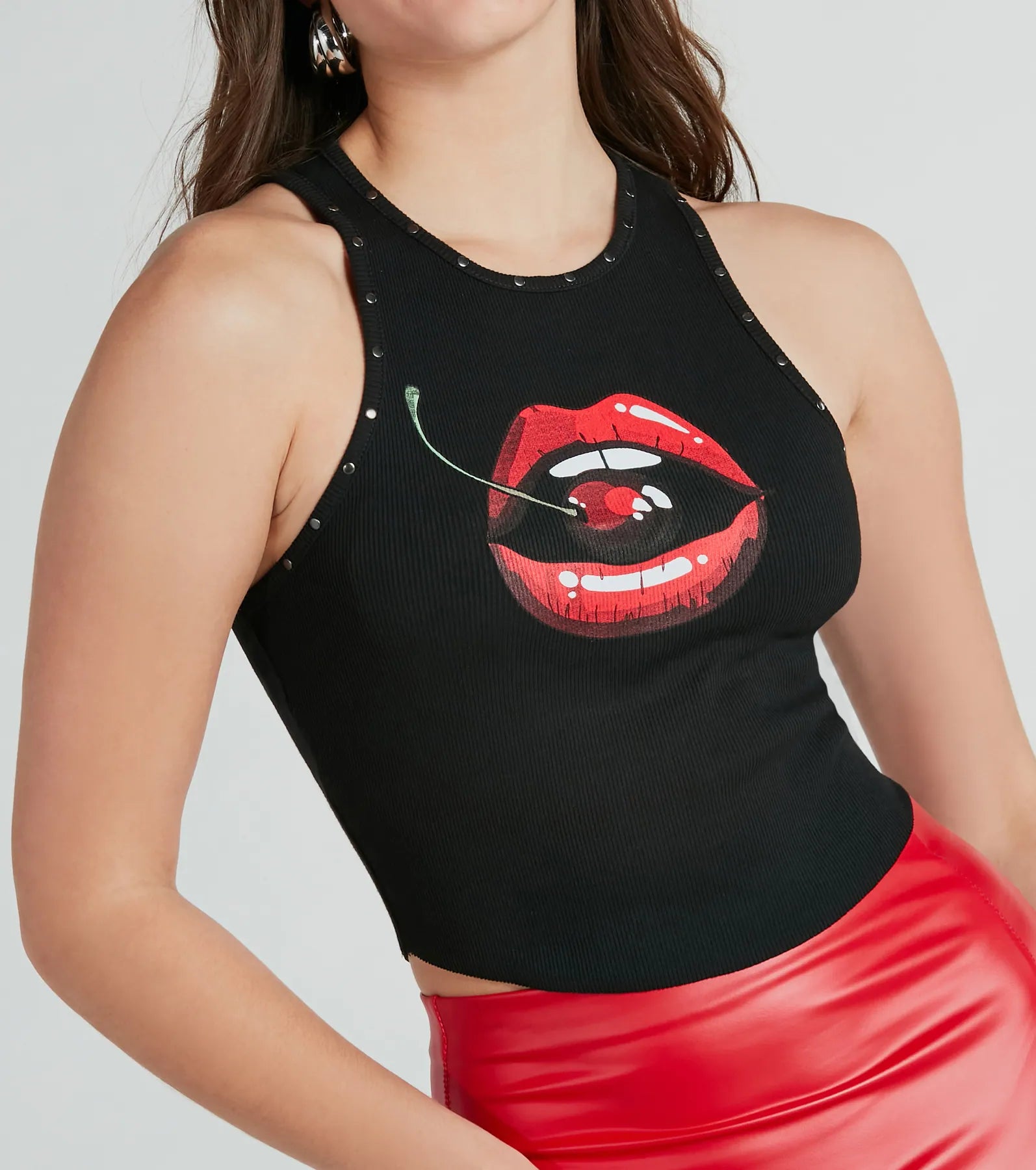 Take A Bite Stud Lips And Cherry Graphic Tank Top rhinestone tank top
