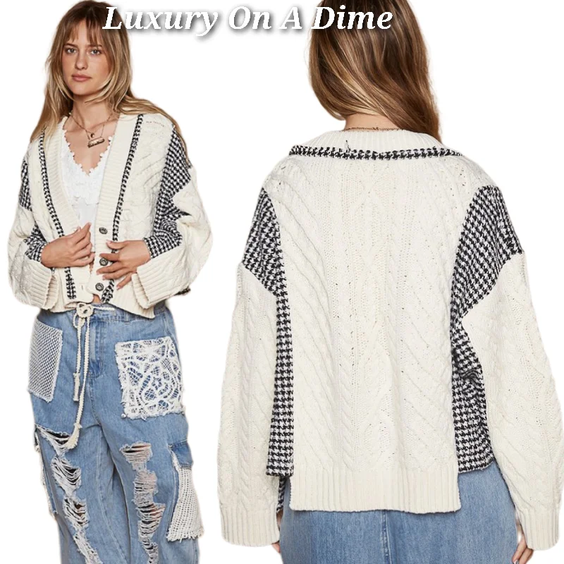 POL Cable Knit Jacket Patchwork Retro Button-up Houndstooth Oversized Cardigan Front Pockets Side Pockets Patch Pockets