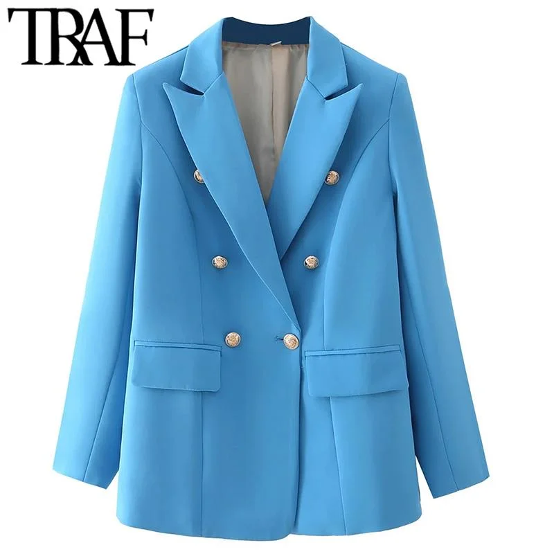 TRAF  Woman 2023 Casual Coat Spring Elegant Office Suit Jacket Ornate Buttons Flap Pockets Long Blue Green Pink Blazers Boat Neck Shawl Collar Notched Collar