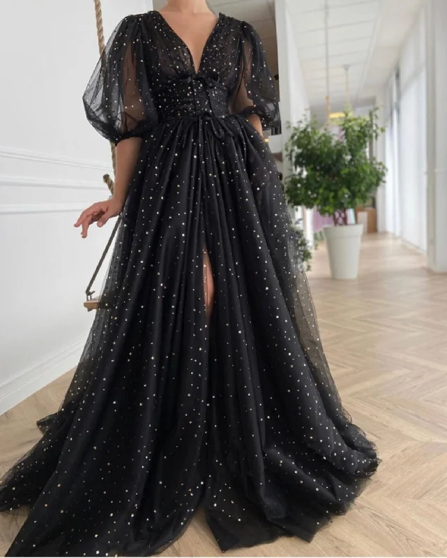 Starry Black Tulle Prom Dress, Starry Tulle Mesh Dress, Plus Size Prom Dress, Graduation Party Dress, Formal Ball Gown Tunics Running lightweight