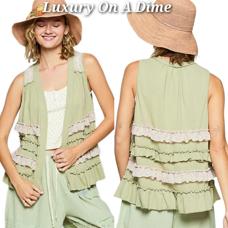 POL Ruffle Patchwork Floral Boho Vest Hippie Raw Seam Sleeveless Cardigan Chenille Blend Fleece Blend Nylon Blend