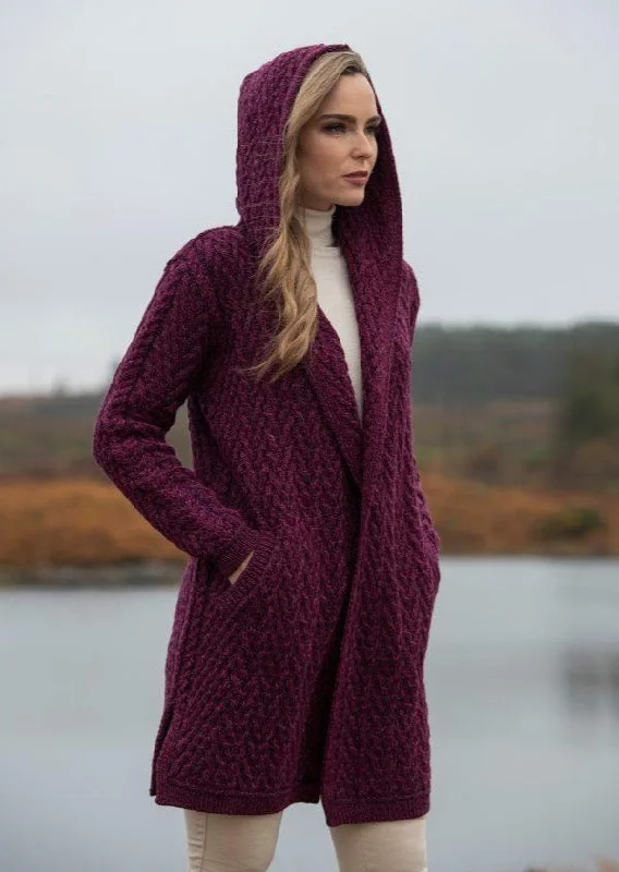 Shawl Hooded Aran Cardigan | Purple Faux Fur Fabric Real Fur Fabric Shearling Fabric