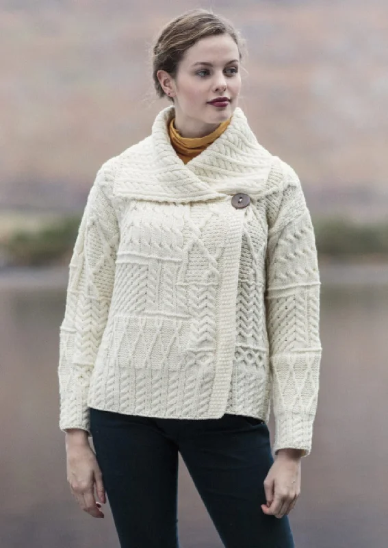 Patchwork Ladies Aran Cardigan | Natural Cable Knit Ribbed Knit Lace Knit