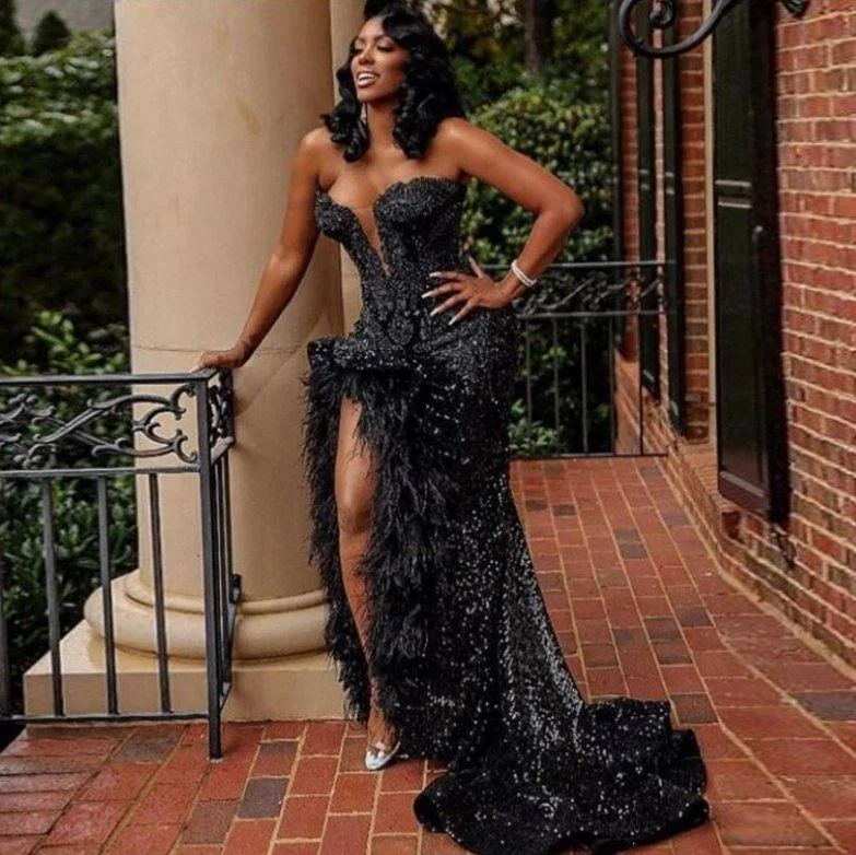 Black Sequined Strapless Prom Dresses Sexy Sweetheart Feather High Split Mermaid Evening Gowns South African Party Dress Robe Chiffon Maxi Beach