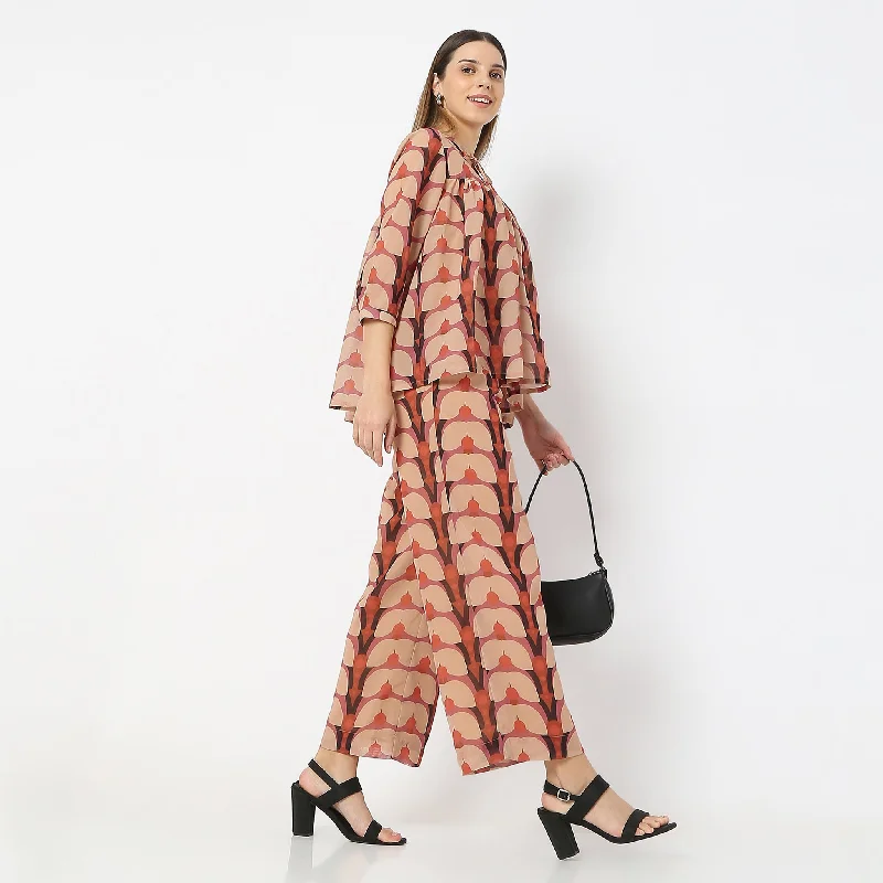 Flare Fit Printed Full Length Flared High Rise Pants Chic Wool Trousers