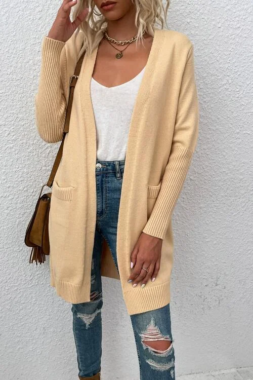 Open Front Long Sleeve Cardigan with Pockets Patchwork Embroidered Appliqued