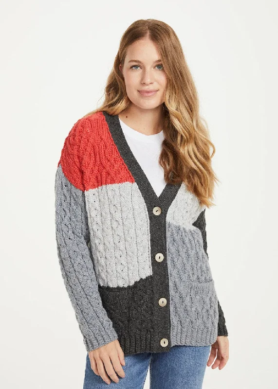 Aran Patchwork Cardigan Notch Collar Peter Pan Collar Cowl Neck