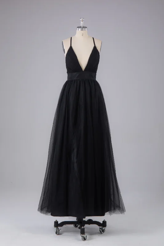 Black Elegant Tulle A-Line Backless Floor Length Prom Dress Formal Party Dress,DP1343 Tunics Fashionable trendy