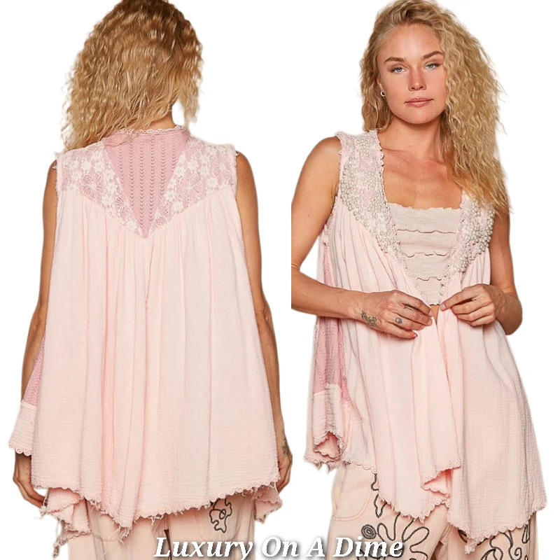 POL Lace Pearl Embroidered Patchwork Boho Vest Gauze Raw Hem Sleeveless Cardigan Apricot Hooded Caped Shawl Collar
