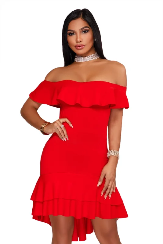Sexy Red Off Shoulder Hi-Lo Hem Ruffle Party Dress Tunics Distressed trendy