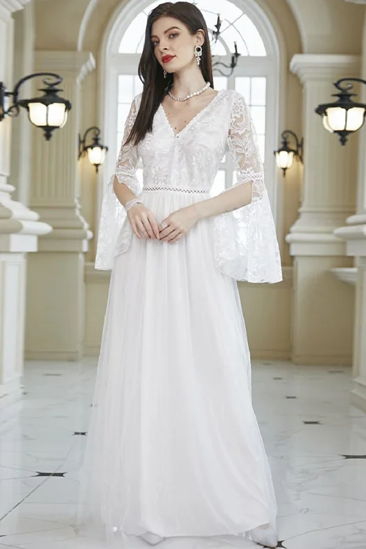 White A-Line V Neck Lace Bell Sleeves Long Wedding Party Dress Tunics Summer linen