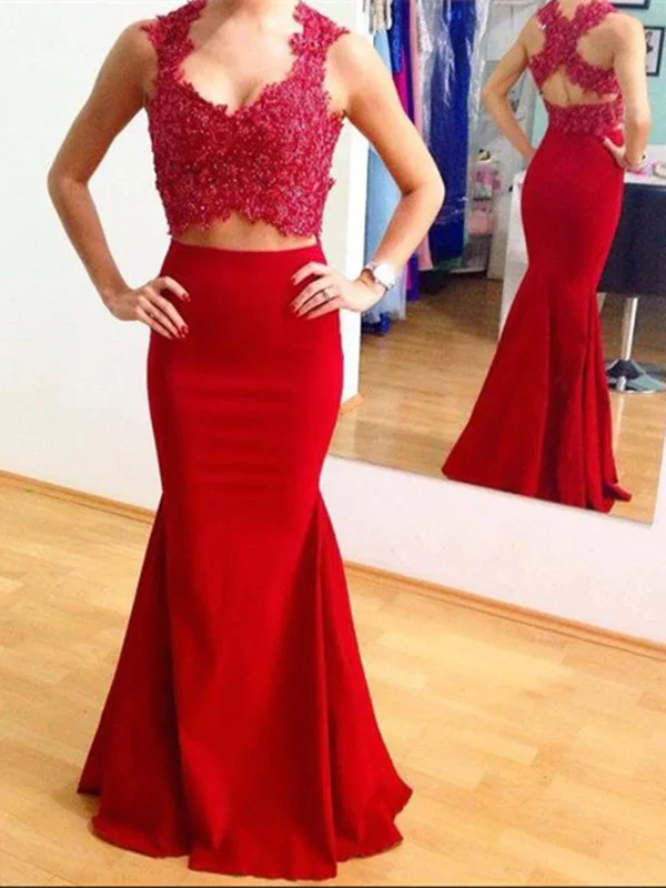 Custom Made Red 2 Pieces Sleeveless Mermaid Lace Prom Dress with Cross Back, Red Mermaid Formal Dress, Party Dress Tunics Recommended stylist