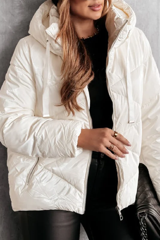 Solid Quilted Hooded Zip Up Puffer Jackets One-Shoulder Jacket Off-the-Shoulder Jacket Asymmetrical Jacket