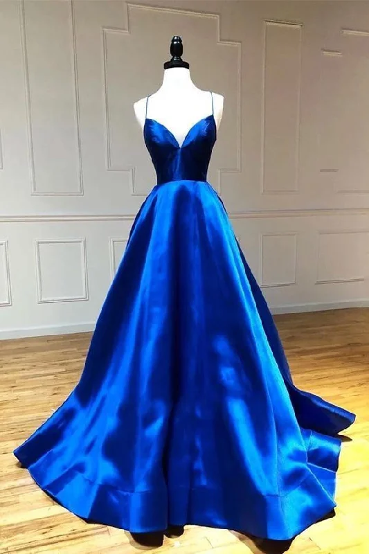 A-line Spaghetti Straps Royal Blue Long Prom Dresses Party Dresses  PSK235 Tunics Denim casual