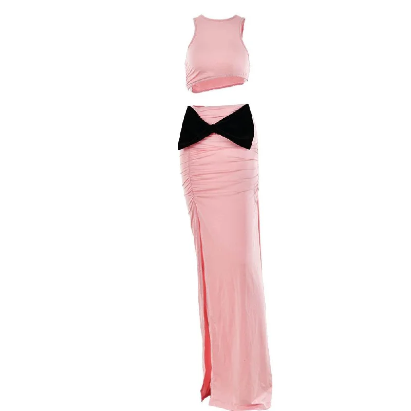 BerryBetty - Bowknot contrast sleeveless slit ruched maxi skirt set maxi skirt elegant