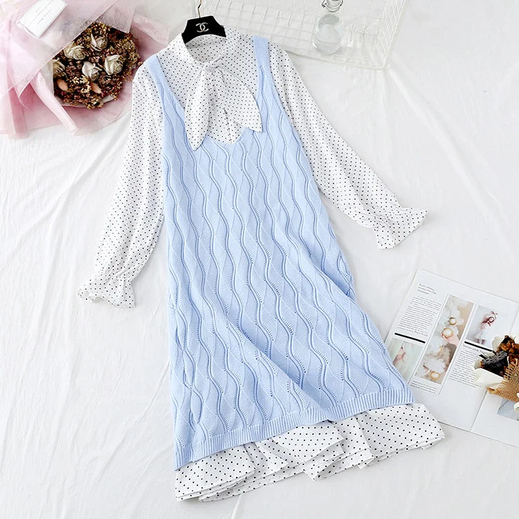 College storm point skirt + knitted vest two-piece suit female  3854 flowy skirt hem