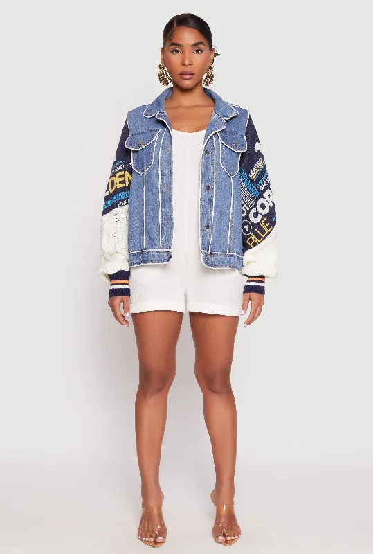 Daisy Cable Knit Graphic Sleeve Denim Jacket V-Neck Jacket Boat Neck Jacket Square Neck Jacket
