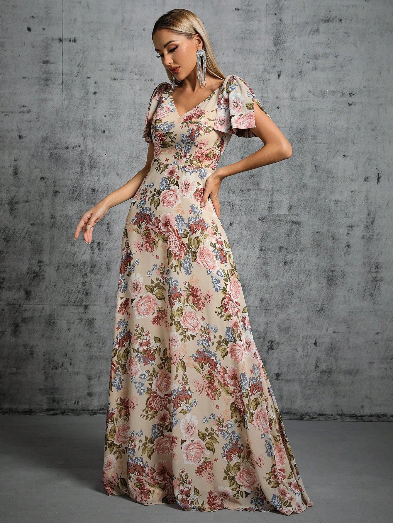 Floral Chiffon V Neck Short Sleeve Maxi Party Dress Pleated Skirt Elegant