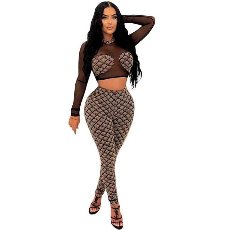 Fall Long Sleeve Mesh Crop Tops Body Suite 2 Piece Set Casual Clothes for Women Sexy Club Two Piece Pants Set Autumn Clothing Casual Skinny Fit Pants