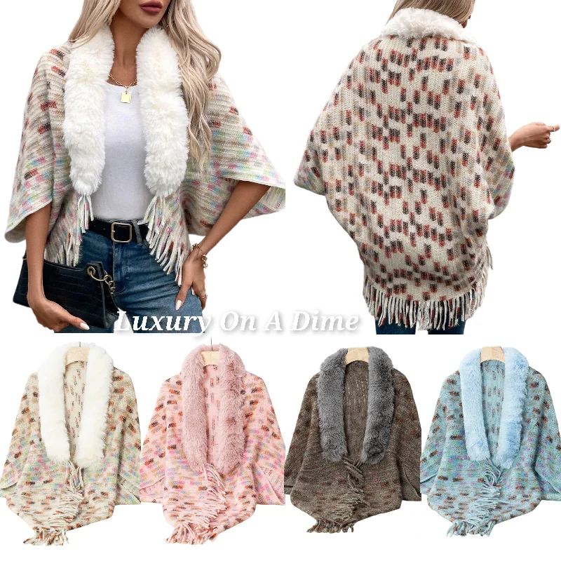 Plush Faux Fur Retro Fringe Hem Open Front Oversized Poncho Knit Cardigan Button Cardigan Zip Cardigan Pullover Cardigan