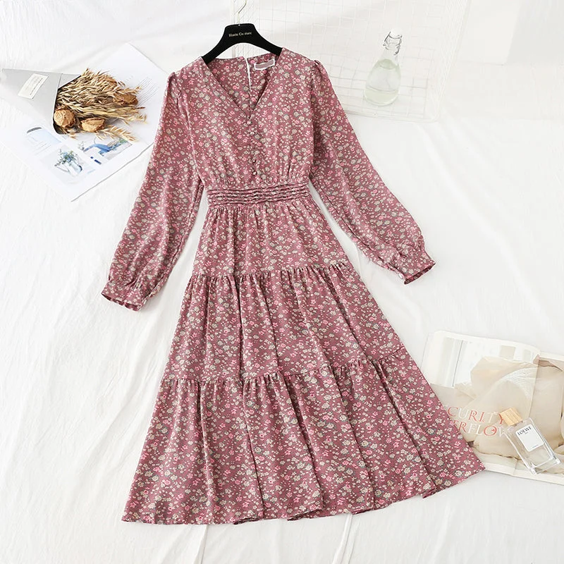 V-neck elastic waist covering belly, thin broken flower bottomed skirt  4057 midi skirt versatile