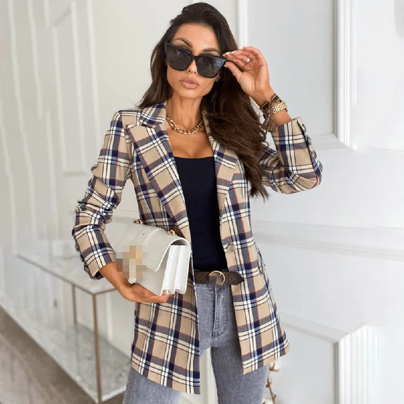 Spring Autumn Notched Collar Plaid Blazers Casual Pockets Long Sleeve Coat Female Outerwear 2023 Korean Loose Jackets Fitted Jacket Loose Jacket Oversized Jacket