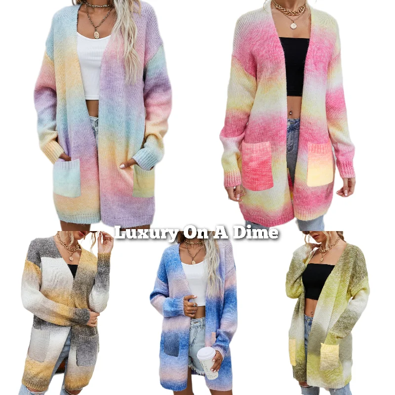 Retro Knit Longline Cardigan Colorful Ombre Patch Pocket Open Sweater Duster Chenille Fabric Brocade Fabric Lace Fabric