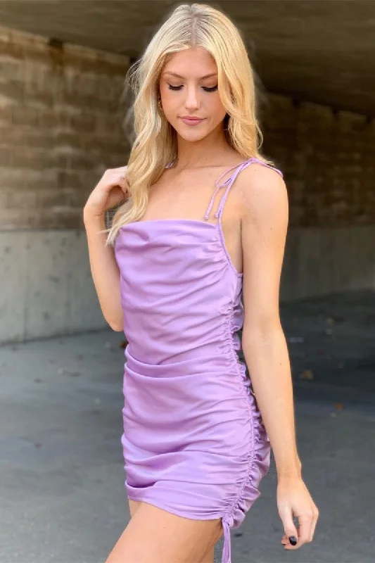 Tie Shoulder Lilac Pleated Homecoming Dress Party Dress Tunics Spring floral
