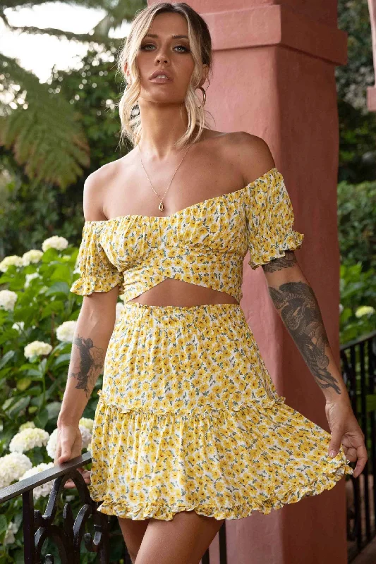 Alexi Frill Trim Mini Skirt Sunflower Print Yellow silk skirt luxurious