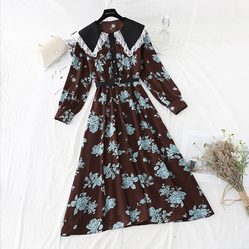 Gentle wind Vintage Lapel lace stitched Chiffon Skirt  4095 high slit skirt