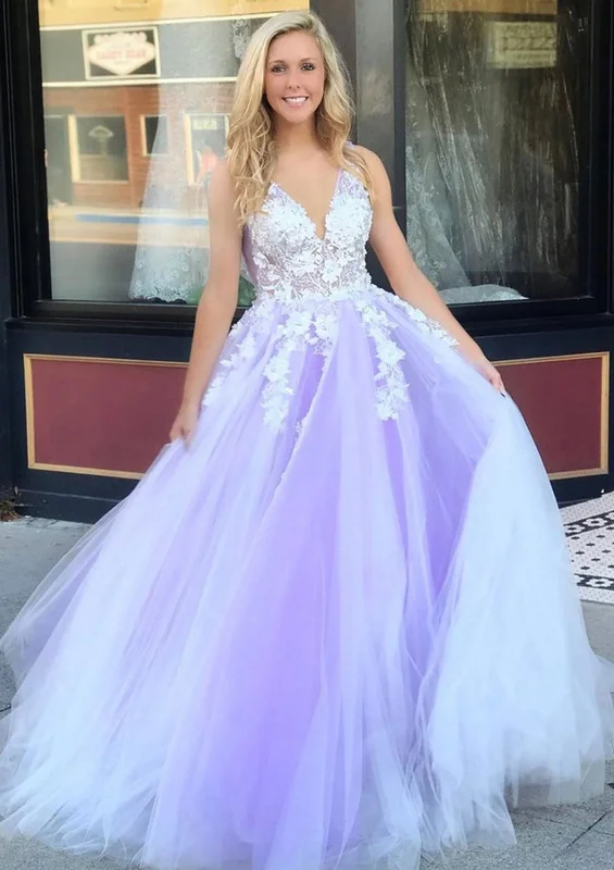 V-neck Sleeveless Lavender Lace Tulle Ball Gown Prom Party Dress Tunics Sophisticated sleek