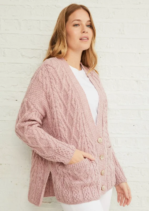 Valentia Aran Cardigan | Pink Zippered Front Buttoned Front Snap Front