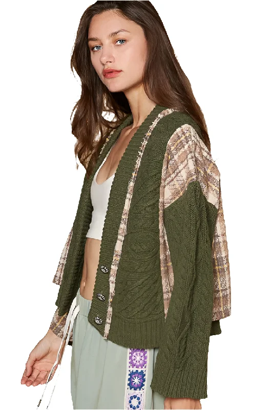 POL Cable Knit Jacket Patchwork Retro Button-up Chunky Plaid Oversized Cardigan Boat Neck Shawl Collar Notched Collar