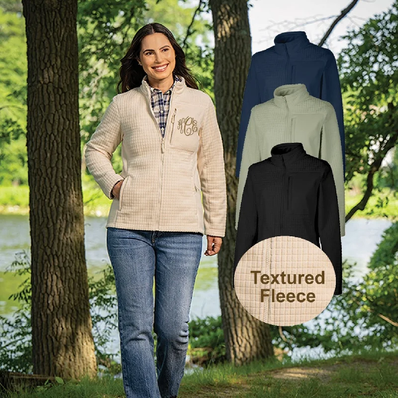 Women's Textured Grid Fleece Jacket with Monogram One-Shoulder Jacket Off-the-Shoulder Jacket Asymmetrical Jacket