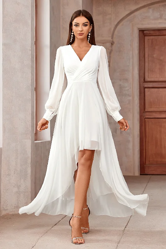 White A-Line Wrap Long Sleeves High-Low Party Dress Tunics Spring floral