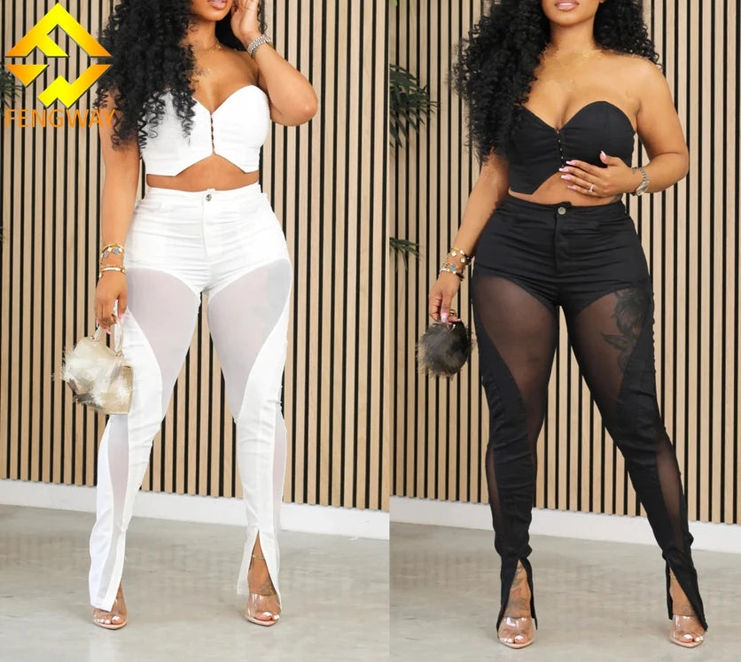 2024 Spring summer Women Sexy Tube Crop Top And Flare Slit Hem Mesh Patchwork Pants Casual 2 Piece Outfit Modern Bootcut Pants