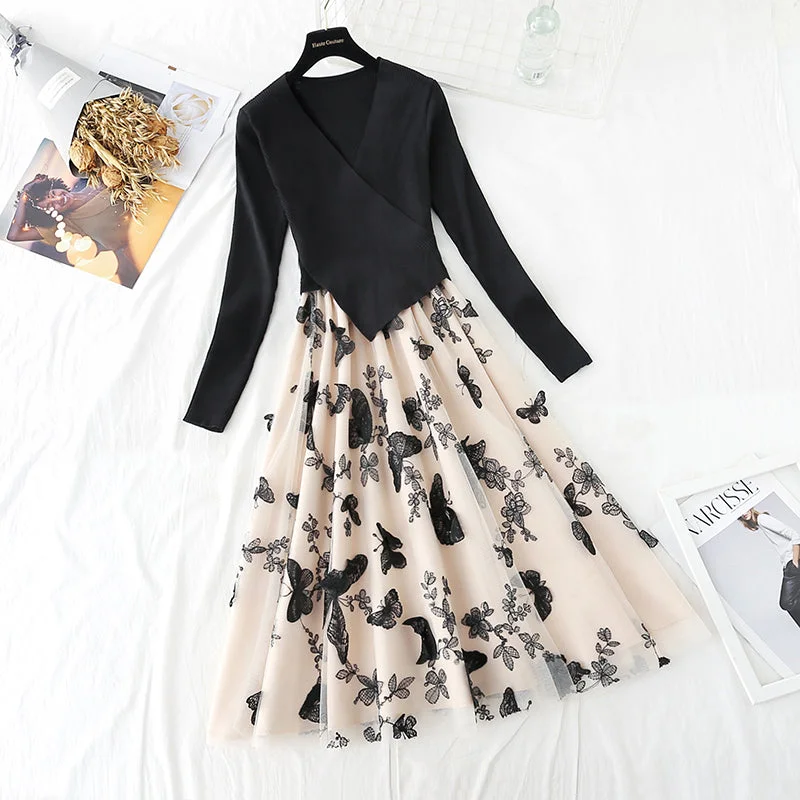 Irregular knit stitching fake two-piece mesh Butterfly Embroidery skirt female  3933 breathable skirt fabric