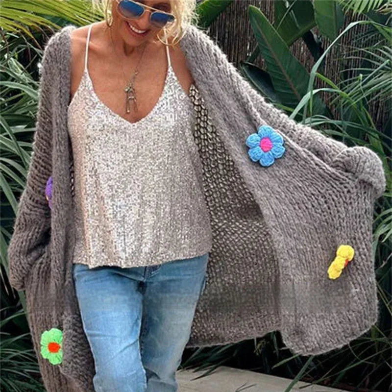 Hand Crocheting Flowers Long Cardigan Jacket Idle Style Casual Loose Women's Sweater Lace Blend Ribbed Blend Corduroy Blend