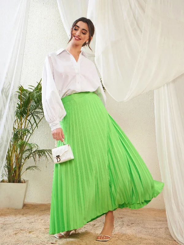Women Green Satin Accordion Pleated Maxi Skirt silk skirt lustrous